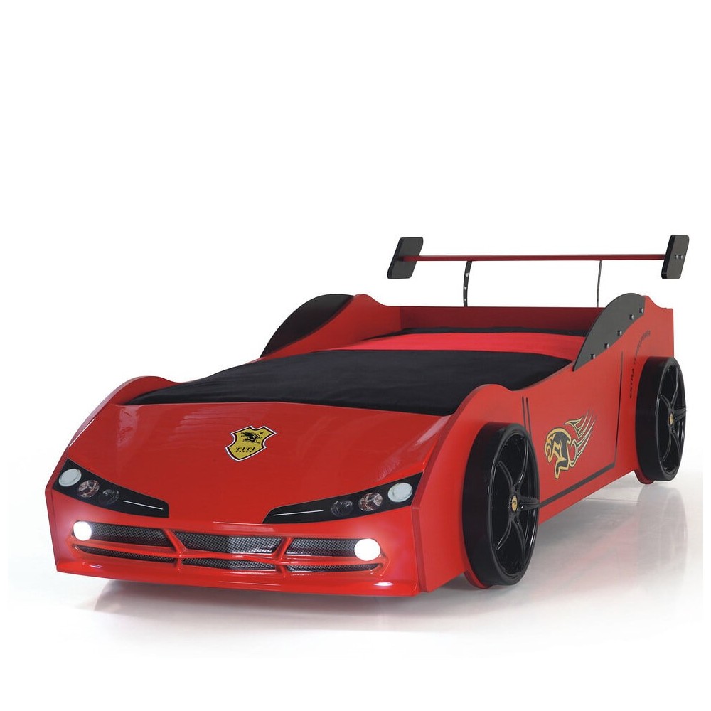 Cama de criança em forma de carro de corrida vermelho com ripas