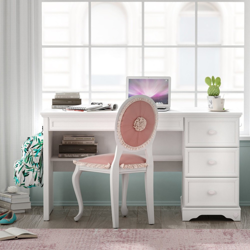 Elegante escritorio Cindy, blanco con cajones para un dormitorio pequeño.