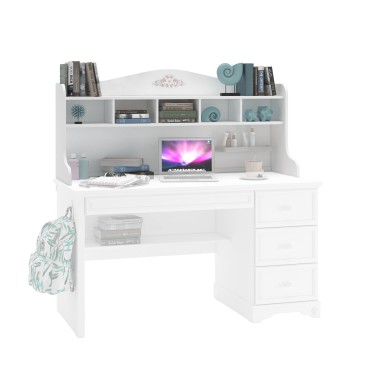 Bureau rustique blanc en bois blanc avec tiroirs et décorations florales disponible avec ou sans panneau