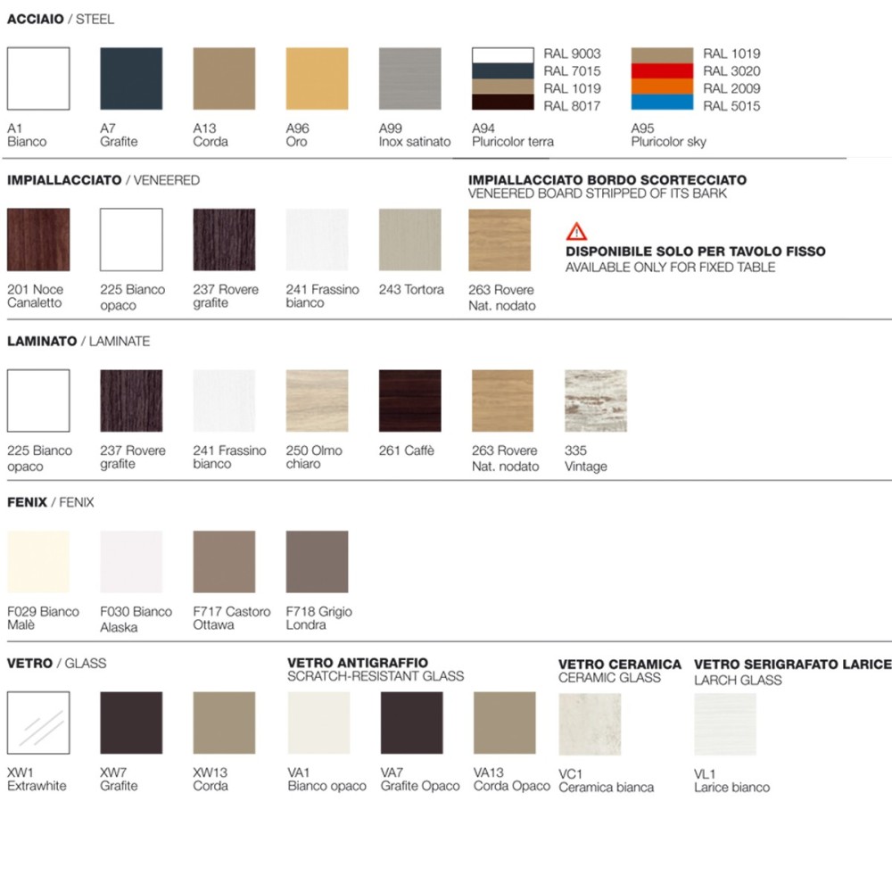 Tavolo Materia disponibile in molteplici finiture e misure con gambe incrociate in acciaio e piani in legno o vetro