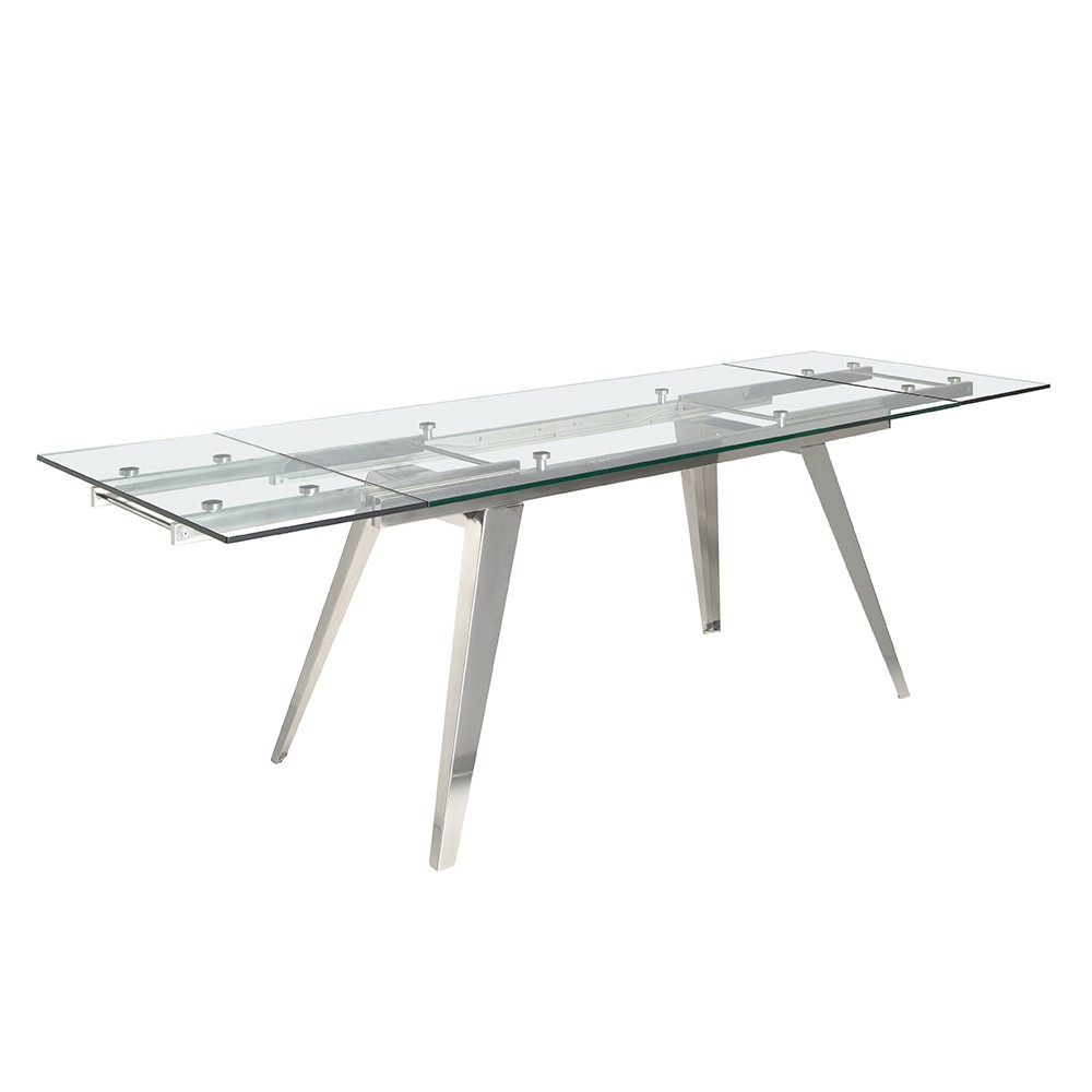 Tavolo da pranzo allungabile con piano in vetro temperato e gambe in acciaio inox cromato. - 160/240 x 90 x 75