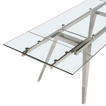 Tavolo da pranzo allungabile con piano in vetro temperato e gambe in acciaio inox cromato. - 160/240 x 90 x 75