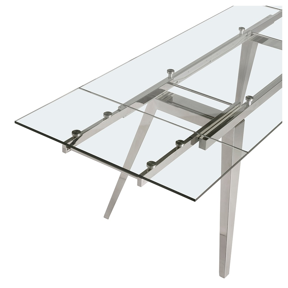 Tavolo da pranzo allungabile con piano in vetro temperato e gambe in acciaio inox cromato. - 160/240 x 90 x 75