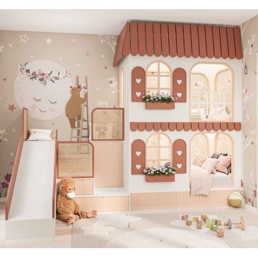 El dormitorio infantil The Little Cottage con casita y grandes espacios.