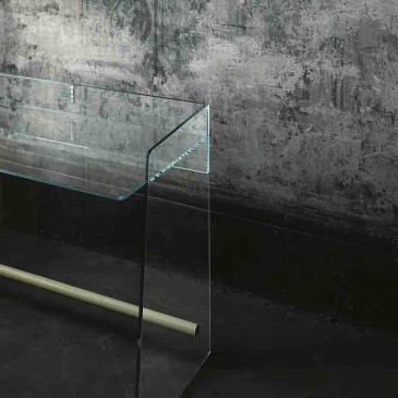 Schreibtisch aus gehärtetem Glas mit Fußstütze aus natürlicher Esche