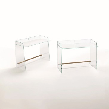 Schreibtisch aus gehärtetem Glas mit Fußstütze aus natürlicher Esche