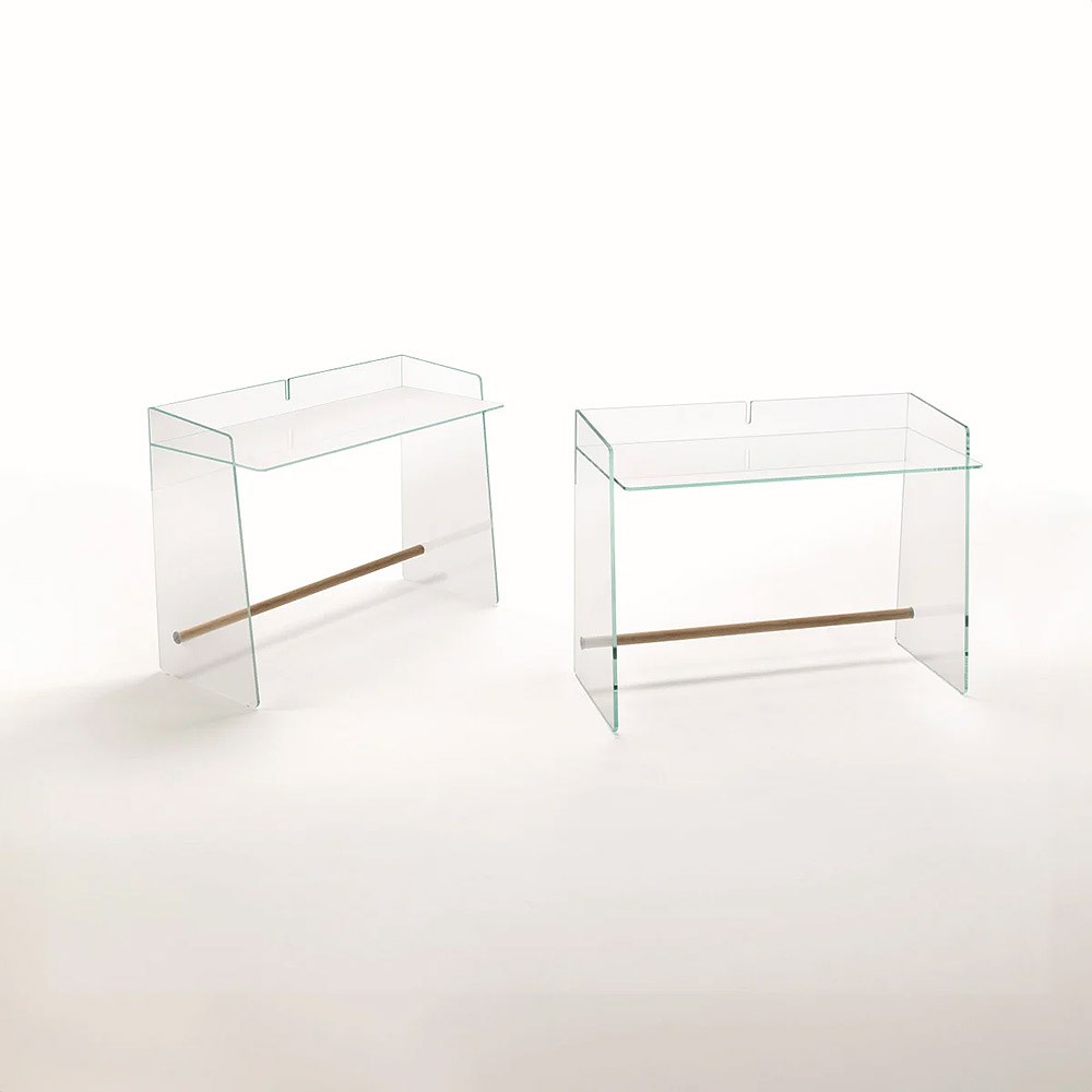 Mesa de vidro temperado com apoio para pés em freixo natural