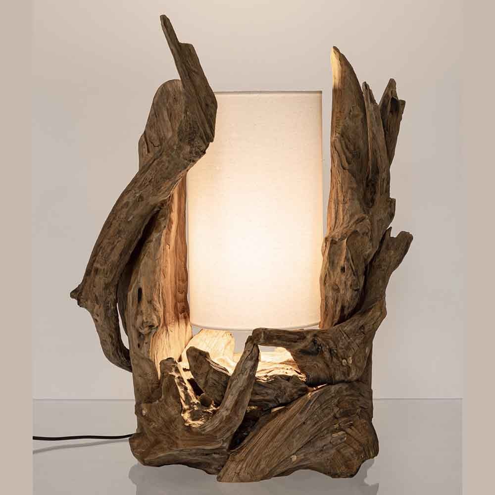 Lampe de table industrielle en bois de teck recyclé | bizotto