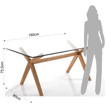 Vaste tafel in massief hout en blad van gehard glas afgewerkt met slijpwerk