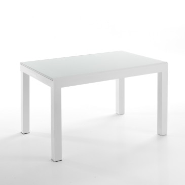 Mesa extensível Long White, requintada com metal e vidro branco.