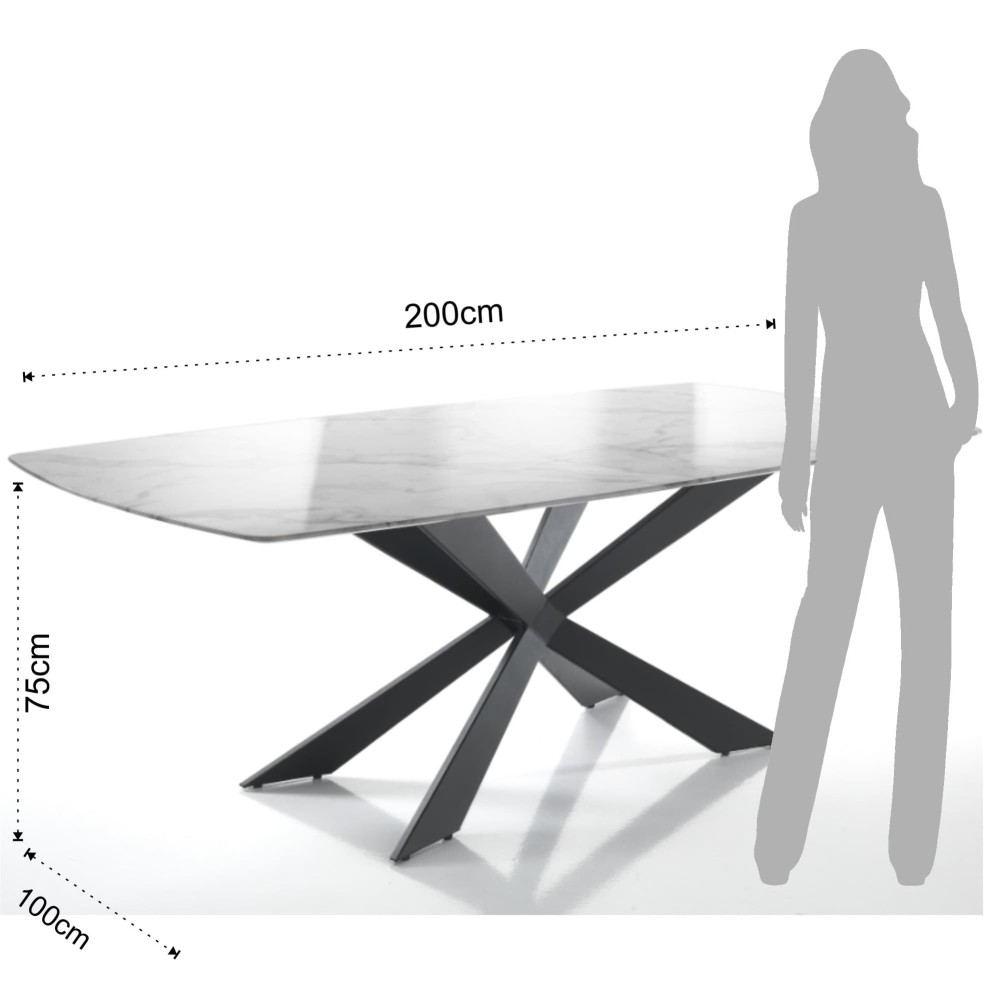 Table fixe avec plateau effet marbre et base en métal noir mat