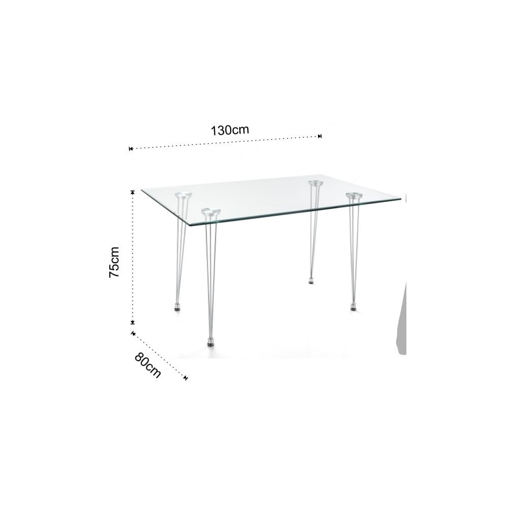 Mesa fija Matra de Tomasucci con estructura de metal cromado y tapa de cristal templado