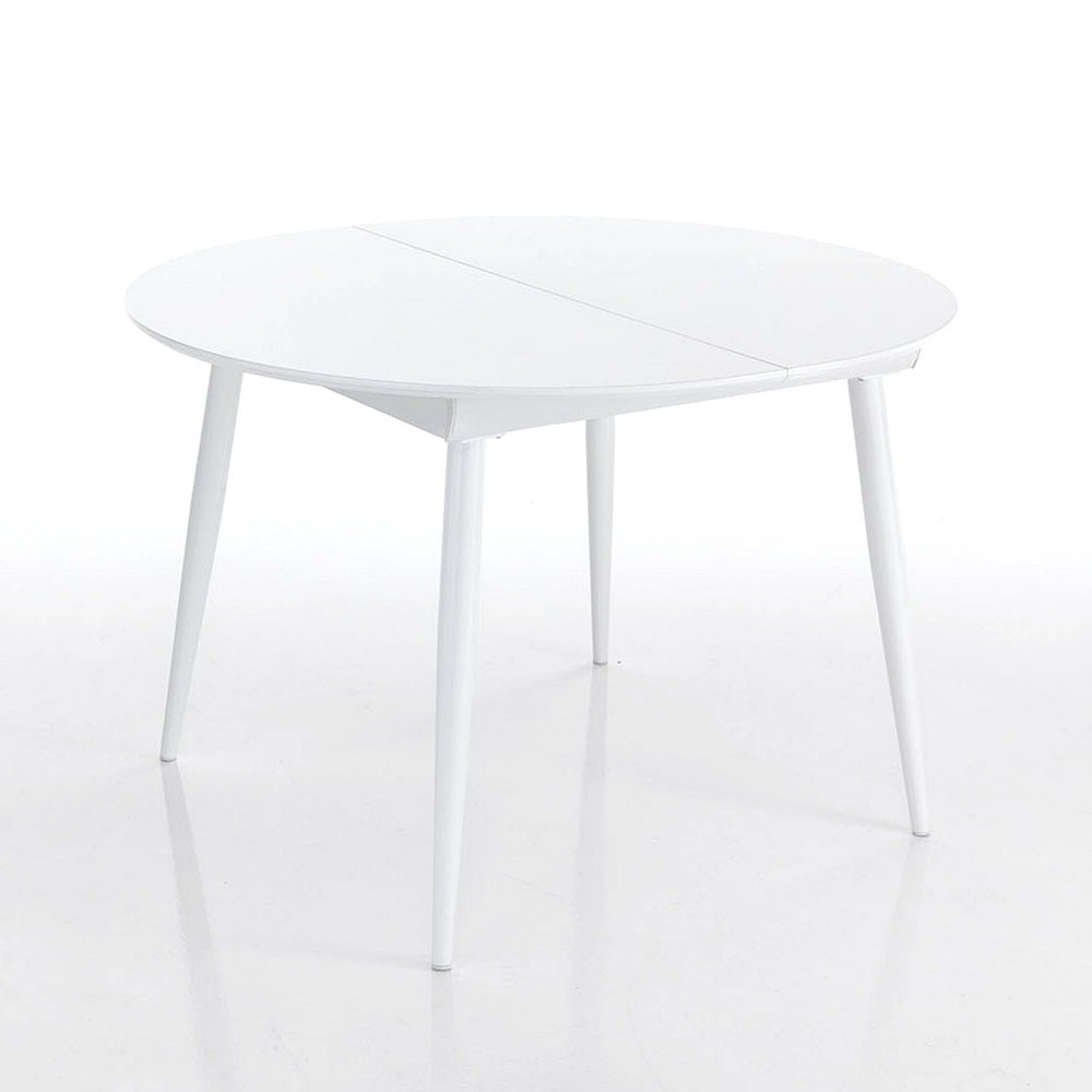 Mesa redonda extensible hasta 160 cm Astro Round. Blanco brillante.