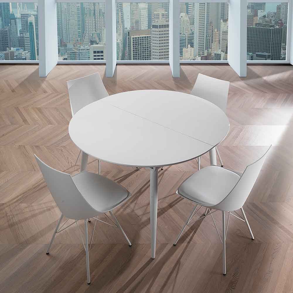 Mesa redonda extensible hasta 160 cm Astro Round. Blanco brillante.