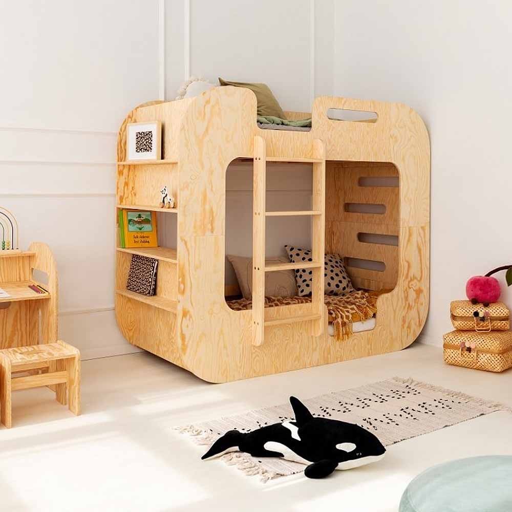 Letto a castello in legno di pino per bambini con ripiani | Kasa-Store