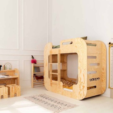 Letto a castello in legno di pino per bambini con ripiani | Kasa-Store