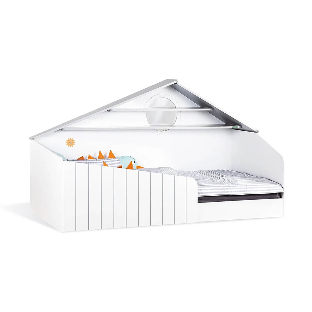 Lettino Montessori della Linea Bird a tema montagna con finestra luminosa a LED