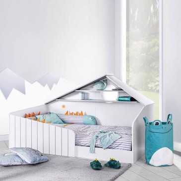 Lettino Montessori della Linea Bird a tema montagna con finestra luminosa a LED