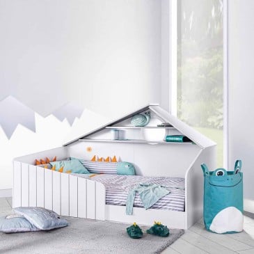 Montessori-Bett mit Bergmotiv aus der Bird Line mit LED-Lichtfenster