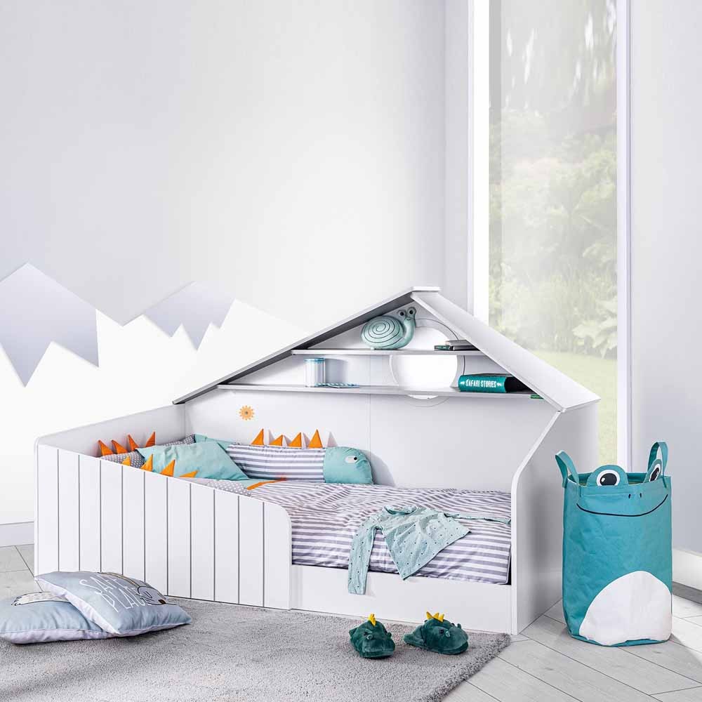 Montessori bed from the Bird line with a mountain theme and a LED light window