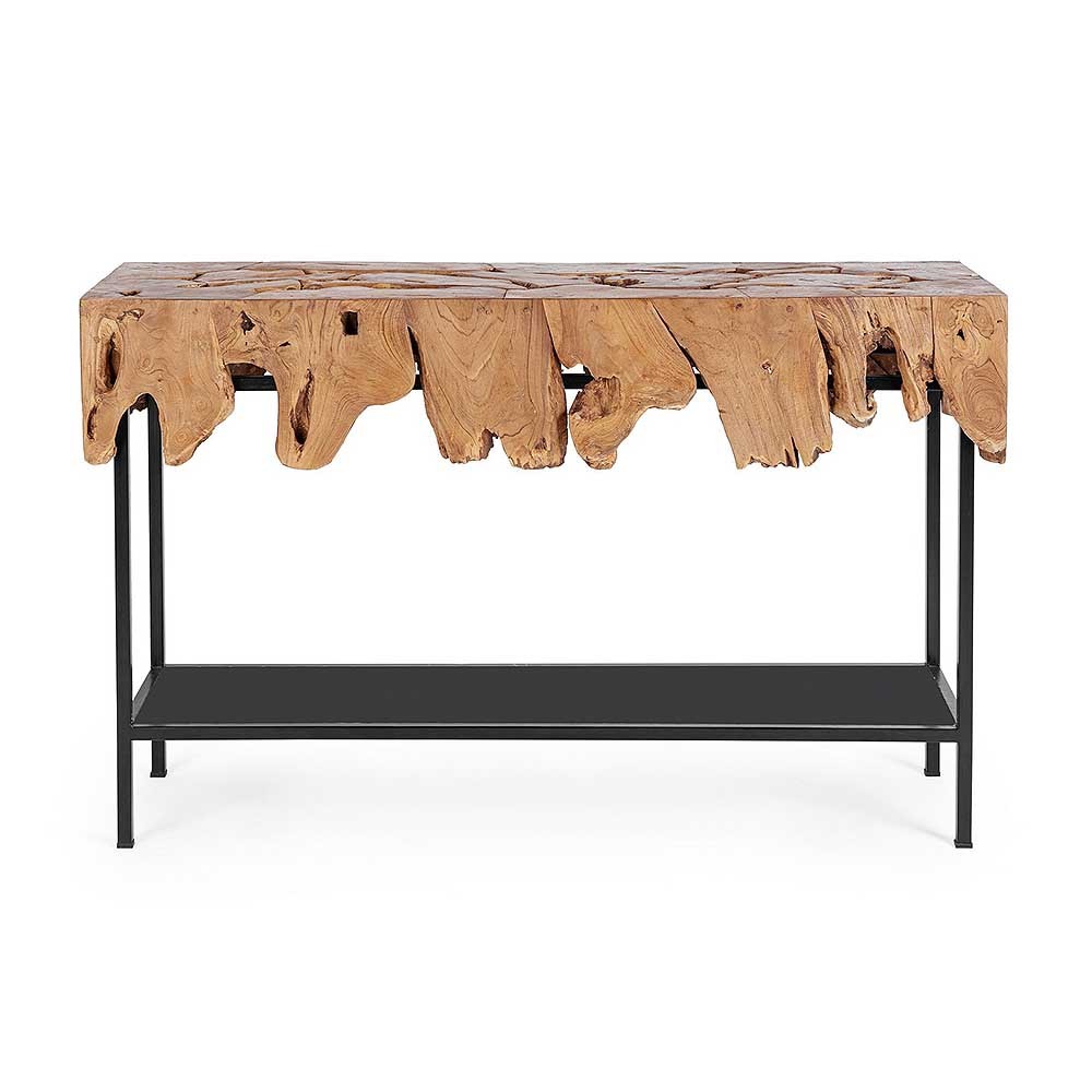 Teak Design Console: Metal Base and Natural Shape