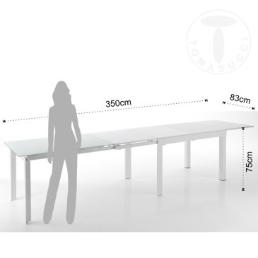 Dugi bijeli rastezljivi stol tvrtke Tomasucci s bijelom metalnom strukturom i pločom od kaljenog stakla obojenog u bijelo