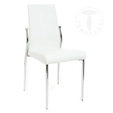 Suite de 4 chaises Margò de Tomasucci avec structure en métal chromé recouverte de cuir synthétique disponible en trois couleurs