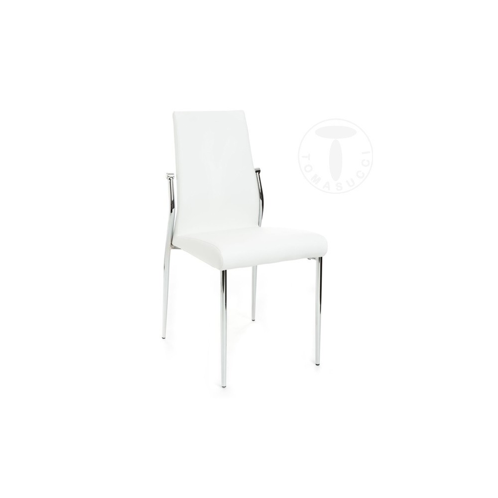 Suite de 4 chaises Margò de Tomasucci avec structure en métal chromé recouverte de cuir synthétique disponible en trois couleurs