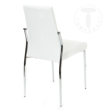 Suite de 4 chaises Margò de Tomasucci avec structure en métal chromé recouverte de cuir synthétique disponible en trois couleurs