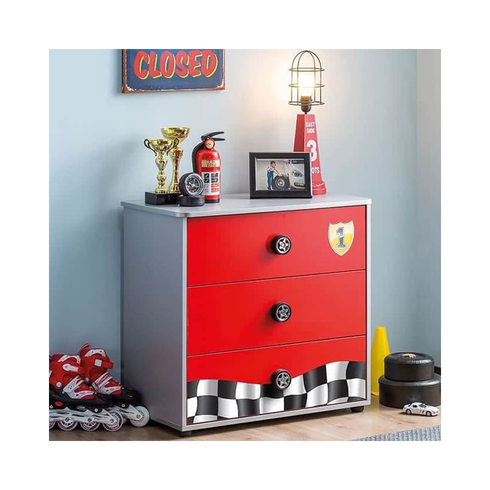 Dankzegging partitie meubilair Turbo dressoir in rood of wit met geblokte vlag en F1-logo.