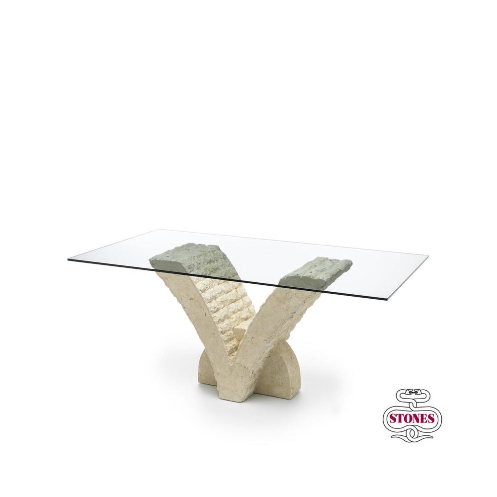 Papillon Table By Stones In Fossil Stone And Glass Top