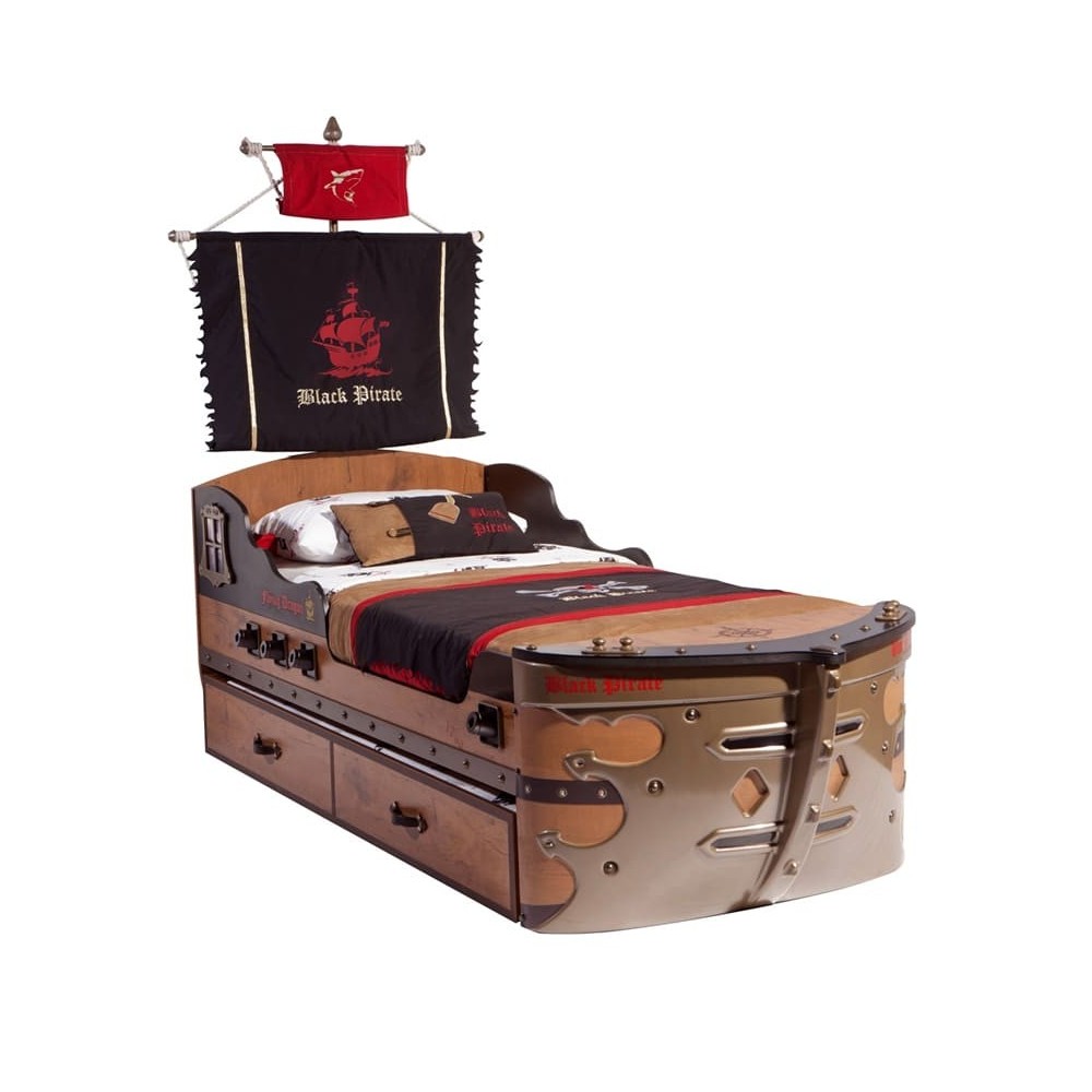 Cama Individual En Forma De Barco Pirata Con Bandera Izada